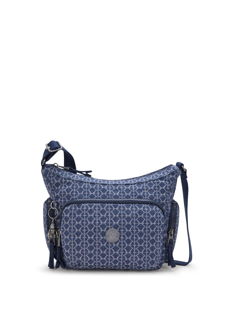 Niebieska torebka crossbody w wzór, z teksturowanym materiałem, regulowanym paskiem, przednią kieszenią na zamek oraz dekoracyjnym charms.