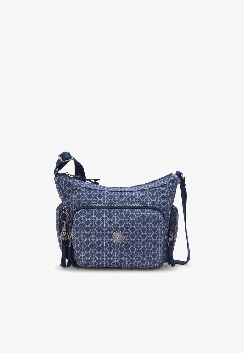 Blaue gemusterte Umhängetasche aus strukturiertem Stoff mit verstellbarem Gurt, vorderer Reißverschluss-Tasche und dekorativem Anhänger.