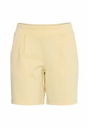 Shorts jaune clair avec une taille élastique, des poches avant et une texture lisse et douce. Conçus avec une coupe droite et ajustée.