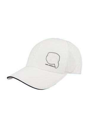 Hvid baseballkasket med sort kant på skyggen og et Karl Lagerfeld-logo med et stiliseret ansigt og briller på fronten.
