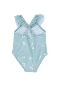 Costume da bagno intero verde con maniche a volant, spalline incrociate e una texture di tessuto liscia che presenta piccoli motivi floreali bianchi.