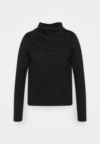 Maglietta nera a maniche lunghe con scollo a drappeggio, realizzata in tessuto liscio ed elastico; silhouette aderente senza motivi o accenti visibili.