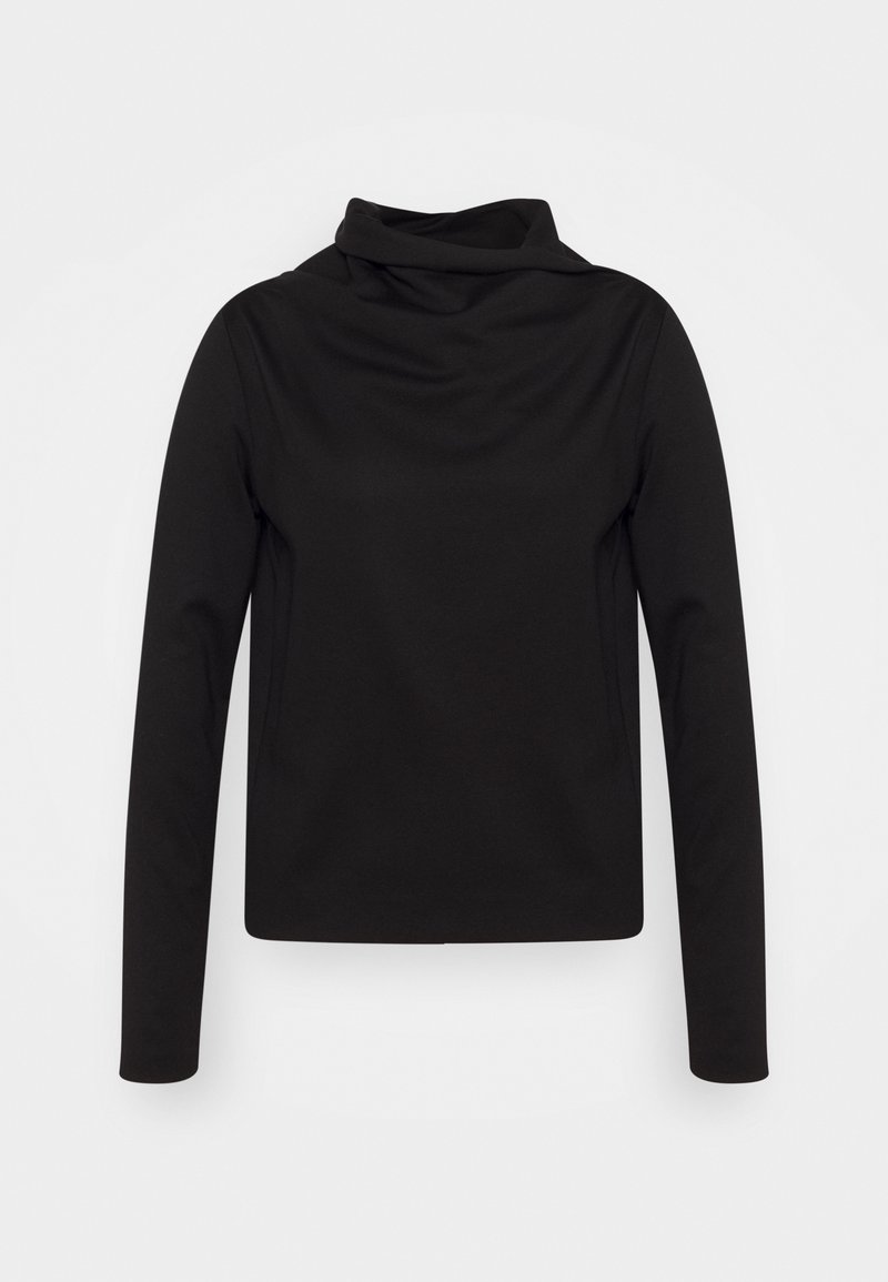Maglietta nera a maniche lunghe con scollo a drappeggio, realizzata in tessuto liscio ed elastico; silhouette aderente senza motivi o accenti visibili.