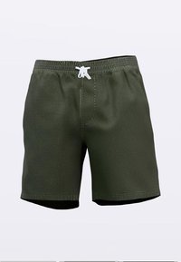 Shorts de bain verts avec une taille élastique et un cordon blanc. Confectionnés en matériau léger, présentant un motif texturé subtil.