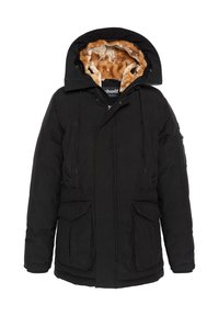 Sort isoleret jakke med en pelsforet hætte, lynlås foran og to store forlommer, med blødt indvendigt materiale og justerbare snore.