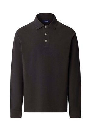 Zwarte poloshirt met lange mouwen, gemaakt van een soepele stof, met een klassieke kraag, drie knopen en een minimalistisch ontwerp.