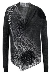 Svart och gråmönstrad tröja med långa ärmar, med en draperad front, blommiga och djurmönster, samt en texturerad yta.
