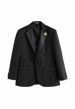 Schwarzer maßgeschneiderter Blazer mit Satin-Revers, Ein-Knopf-Verschluss, zwei vorderen Klappentaschen und einer floralen Schmuckbrosche am linken Revers.