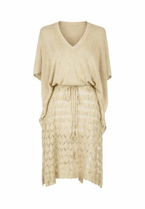 Vestito beige lavorato a maglia con scollo a V, maniche corte larghe e vita con coulisse sopra una gonna semitrasparente a motivo.