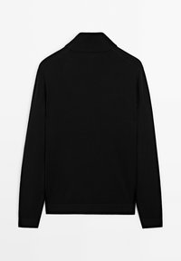 Black long-sleeve collared garment with a smooth texture, featuring a straight hem and minimal detailing. Back view, no patterns or accents.
