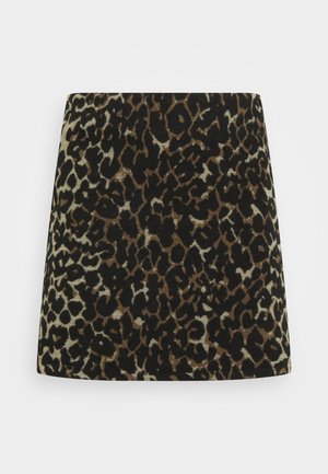 Gonna mini con stampa leopardata in tessuto nero, marrone e beige. Tessuto morbido con orlo dritto e senza hardware visibile.