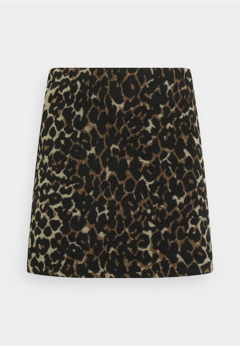 Mini falda de estampado de leopardo con tejido negro, marrón y beige. Textura suave con un dobladillo recto y sin herrajes visibles.
