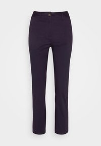 Slim-fit tmavě modré kalhoty s knoflíkovým zapínáním a poutek na opasek, navržené pro štíhlý, elegantní vzhled.