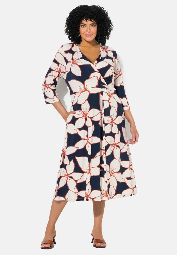 FLOWER PRINT 3/4 SLEEVE WRAP LOOK MIDI  - Freizeitkleid - marine