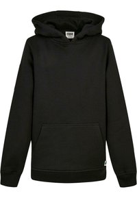 Sudadera negra hecha de un tejido suave, con un bolsillo delantero, puños y dobladillo acanalados, y una capucha grande sin logotipos ni patrones visibles.