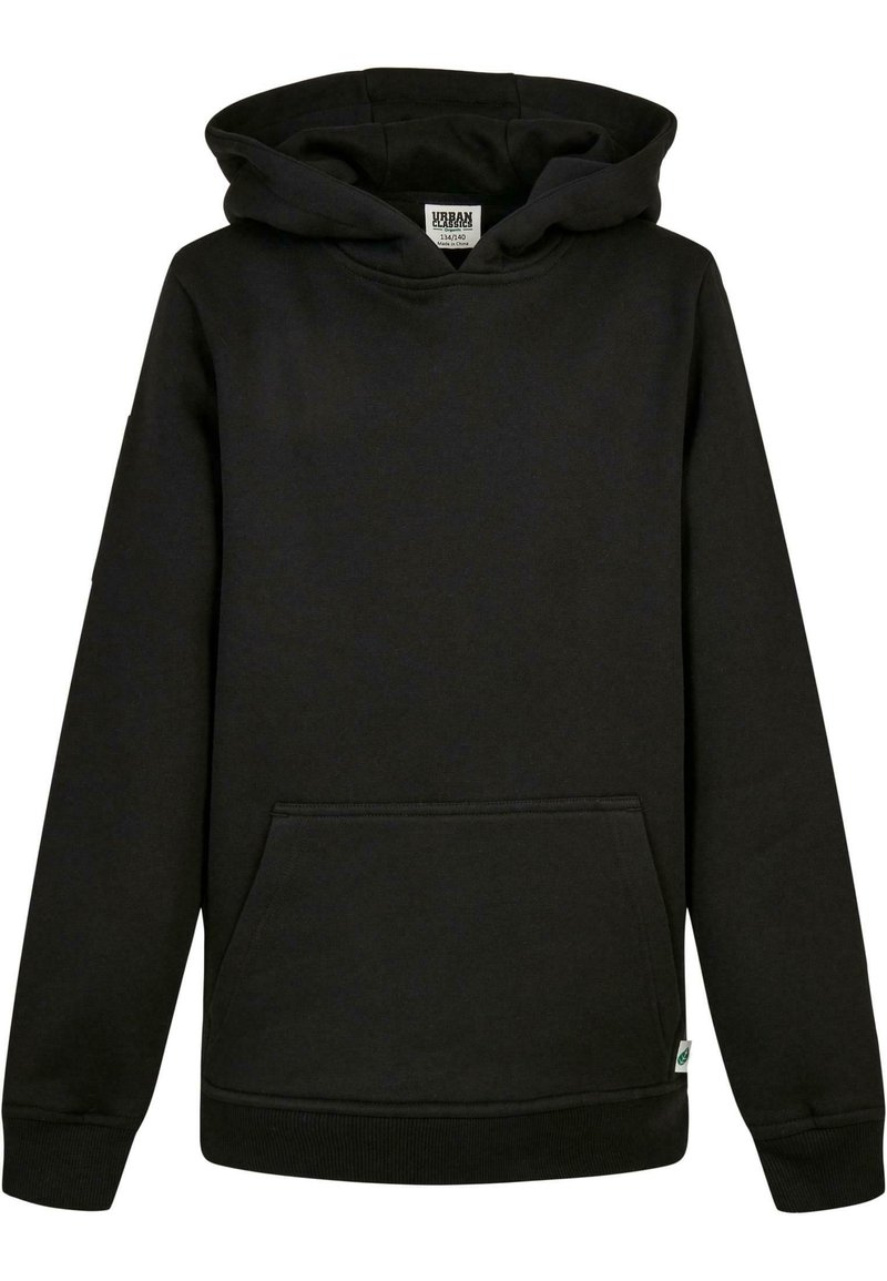 Sudadera negra hecha de un tejido suave, con un bolsillo delantero, puños y dobladillo acanalados, y una capucha grande sin logotipos ni patrones visibles.