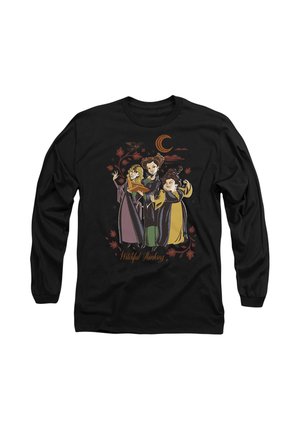 Black long-sleeve shirt featuring an illustrated design of three women surrounded by autumn leaves and a moon, text "Witchful Thinking."