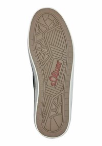 Rubber shoe sole with textured grip pattern, gray and tan colors, featuring a red "s.Oliver" logo, brown tread detail, and white edging.