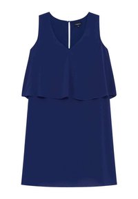 Vestido sin mangas de color azul marino con un diseño en capas, escote en V y detalle de abertura en la espalda. Tejido suave con un ajuste regular.