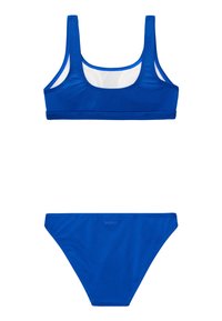 Blauwe bikini set met een textuur-achtige, gaasachtige stof. De top heeft brede banden en een ronde halslijn; de onderkant heeft een klassieke hoge pijp snit.