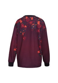 Felpa bordeaux con polsini neri, caratterizzata da un motivo floreale in tonalità di rosso e blu scuro. La vista posteriore mostra la copertura del design sulle spalle.