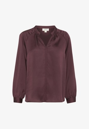 Burgundy long-sleeve blouse with a v-neckline, made of silky fabric. Features gathered detailing at shoulders and elasticized cuffs.