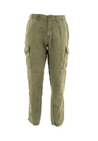 Pantaloni cargo verde oliva realizzati in un tessuto testurizzato, con tasche laterali, chiusura a bottone e una vestibilità rilassata.