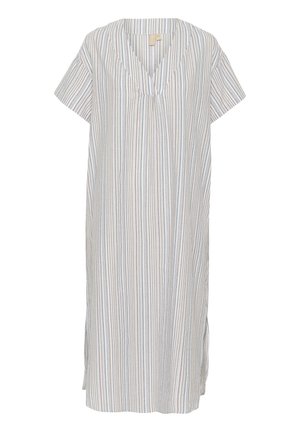 Gestreepte korte jurk met korte mouwen in lichte stof. Heeft een V-hals, verticale strepen in blauw, beige en wit, en zijsplitten voor extra bewegingsvrijheid.