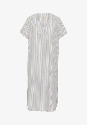 Vestido de manga corta a rayas en tejido ligero. Presenta un escote en V, rayas verticales en azul, beige y blanco, e hendiduras laterales para facilitar el movimiento.