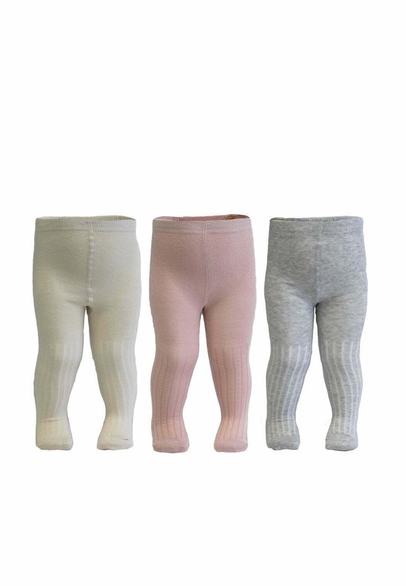 Three pairs of infant leggings in cream, pink, and gray. Each features a ribbed texture and a stretchy waistband for comfort.