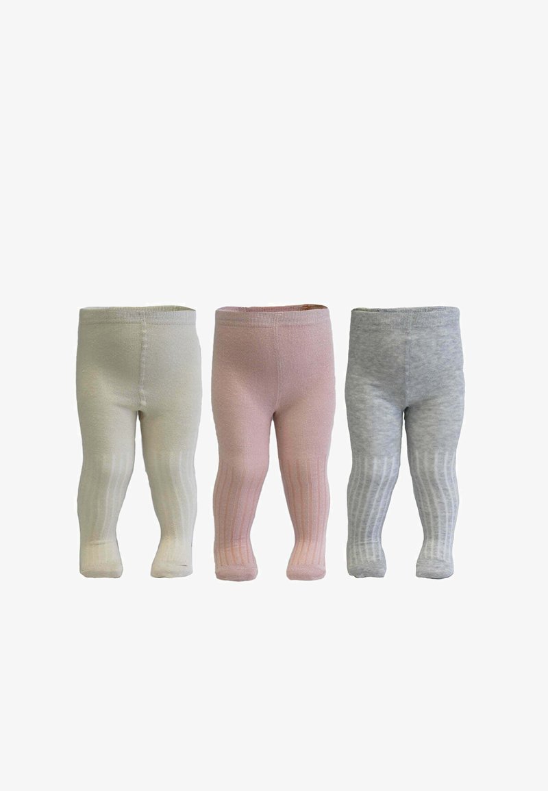 Three pairs of infant leggings in cream, pink, and gray. Each features a ribbed texture and a stretchy waistband for comfort.