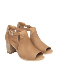 Scarpe aperte beige con un design in mesh testurizzato, dotate di una cinghia alla caviglia con una fibbia argentata e un tacco impilato.