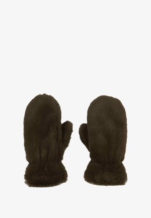 Mânuși din blană maro închis cu o textură moale, cu vârfuri rotunjite și un design cu manșetă pentru un plus de căldură și stil.