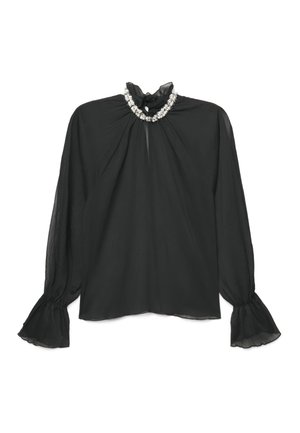 Blouse noire transparente à manches longues avec poignets et encolure à volants, ornée d'un col décoratif en perles et perles.