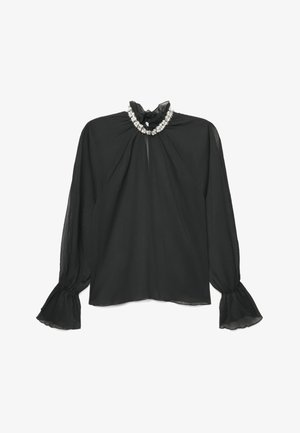 Blouse noire transparente à manches longues avec poignets et encolure à volants, ornée d'un col décoratif en perles et perles.