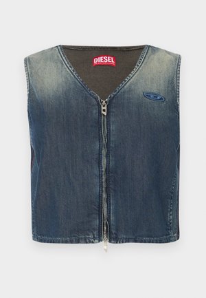 Denim vest with a V-neck and front zipper, featuring a ribbed texture at the collar, and a logo patch on the left side.