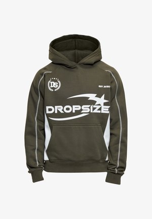 Sweat à capuche vert foncé avec des panneaux blancs, poche avant, texte "DROPSIZE" et graphisme d'étoile, emblème "DS" et "EST. 2020" sur la poitrine.