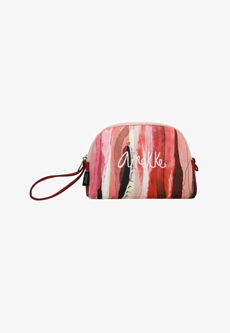 Borsa cosmetica rosa pastello con strisce astratte in acquerello nei toni di rosa, rosso e nero, dotata di cerniera e tracolla.