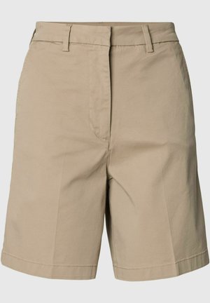 Beežid põlveni lühikesed püksid vööaasadega, eesmine tõmblukk ja sirge lõige.