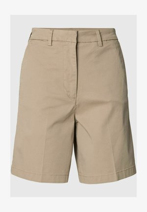 Béžové kraťasy po kolená s pútkami na opasok, predným zipsom a rovnakým strihom.