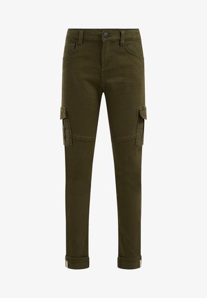 Olivengrønne slim-fit cargobukser med sidelommer med klap, forreste bæltestropper, knaplukning og opsmøgede kanter.