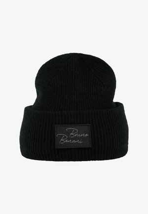 Black ribbed beanie hat with a fold-over cuff featuring a rectangular label embossed with the name "Bruno Banani" in silver script.