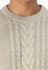 Suéter de punto en beige claro con cuello redondo y patrón de cable texturizado, que presenta una textura suave y ligeramente gruesa.