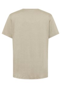 Beige T-Shirt mit kurzen Ärmeln, Rundhalsausschnitt, aus weichem Stoff, glatte Textur, mit geradem Schnitt und ohne sichtbare Muster oder Grafiken.