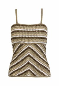 Top de punto sin mangas con tirantes finos, con rayas horizontales y en forma de chevron en colores beige, marrón y blanco.
