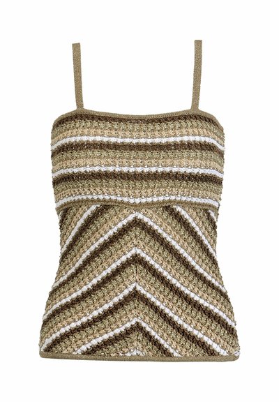 Haut sans manches en tricot avec fines bretelles, présentant des rayures horizontales et en chevron de couleurs beige, marron et blanc.
