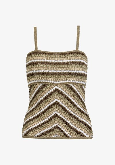 Haut sans manches en tricot avec fines bretelles, présentant des rayures horizontales et en chevron de couleurs beige, marron et blanc.