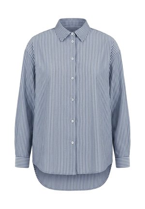 Blå og hvid langærmet knap-op skjorte med lodrette striber, spids krave og rundet kant, vist på en hvid baggrund.