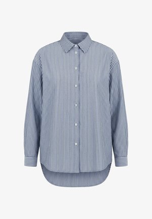 Sinivalkoinen pitkähihainen pystyraidallinen nappipaita, jossa on terävä kaulus ja pyöristetty helma, valkoisella taustalla.