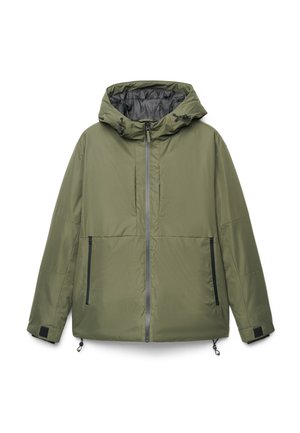 Giacca verde con cappuccio, zip frontale, due tasche laterali con zip, polsini regolabili e coulisse all’orlo e sul cappuccio.